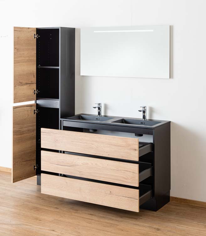 Badkamermeubel Dotan eik staand met dubbele wastafel mat zwart 120cm