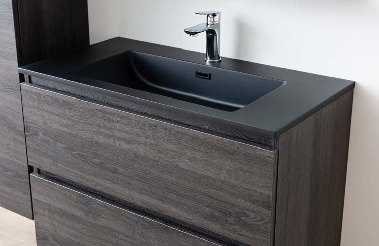 Meuble de salle de bains Dotan chêne foncé suspendu avec lavabo simple noir mat 90cm
