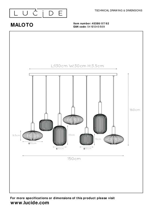 Lucide MALOTO - Hanglamp - 7xE27 - Amber