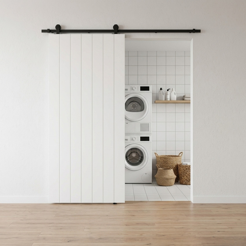 Porte coulissante simple à peindre complète Titus 93x211,5cm + rail noir antique