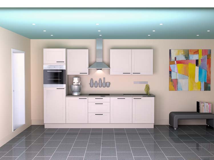 Cuisine Premium 5B crème 300cm - pré-montée - sans appareils - plaque de cuisson vitrocéramique et hotte murale en inox