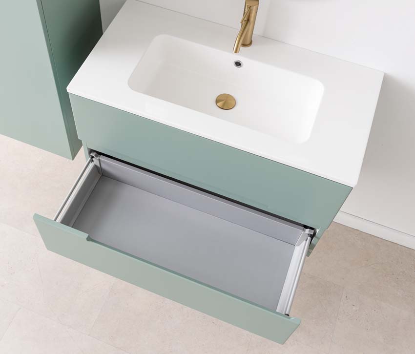 Meuble de salle de bains Truman vert gris suspendu avec lavabo simple blanc brillant 90cm