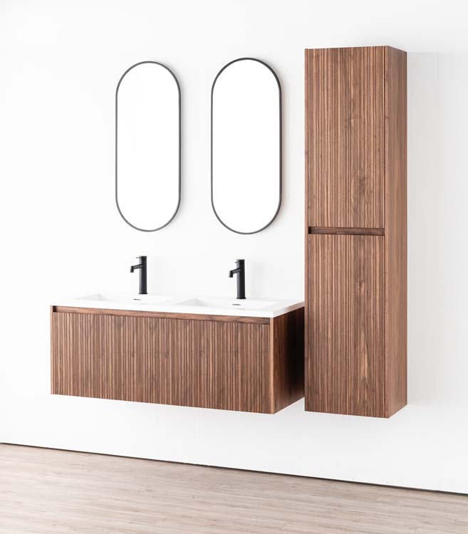 Meuble de salle de bains Warren noyer suspendu avec lavabo double blanc mat 120cm