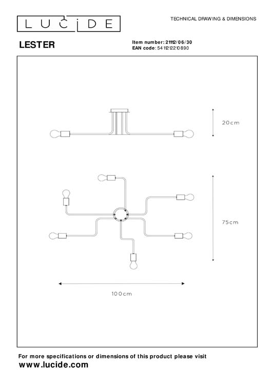 Plafonnier - noir - 100x75x20cm - 6xE27