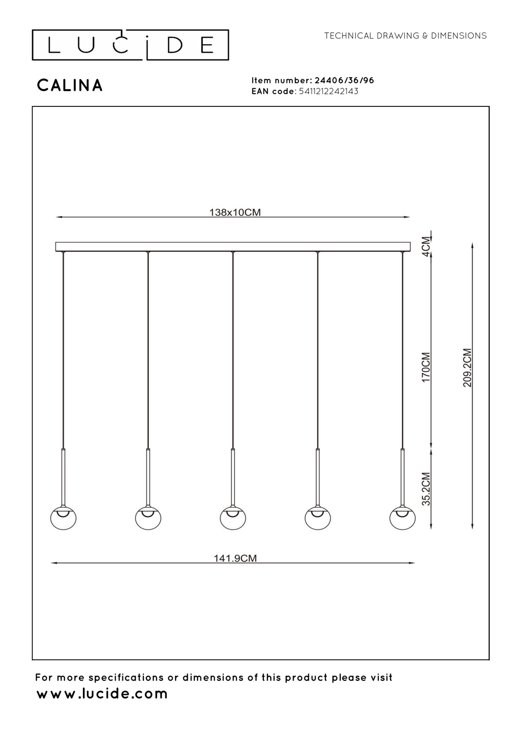Lucide Premium Calina - Suspension - LED Dim. - CCT - 5X8,2W 2200K/3300K - Avec module LED remplaçable - Café