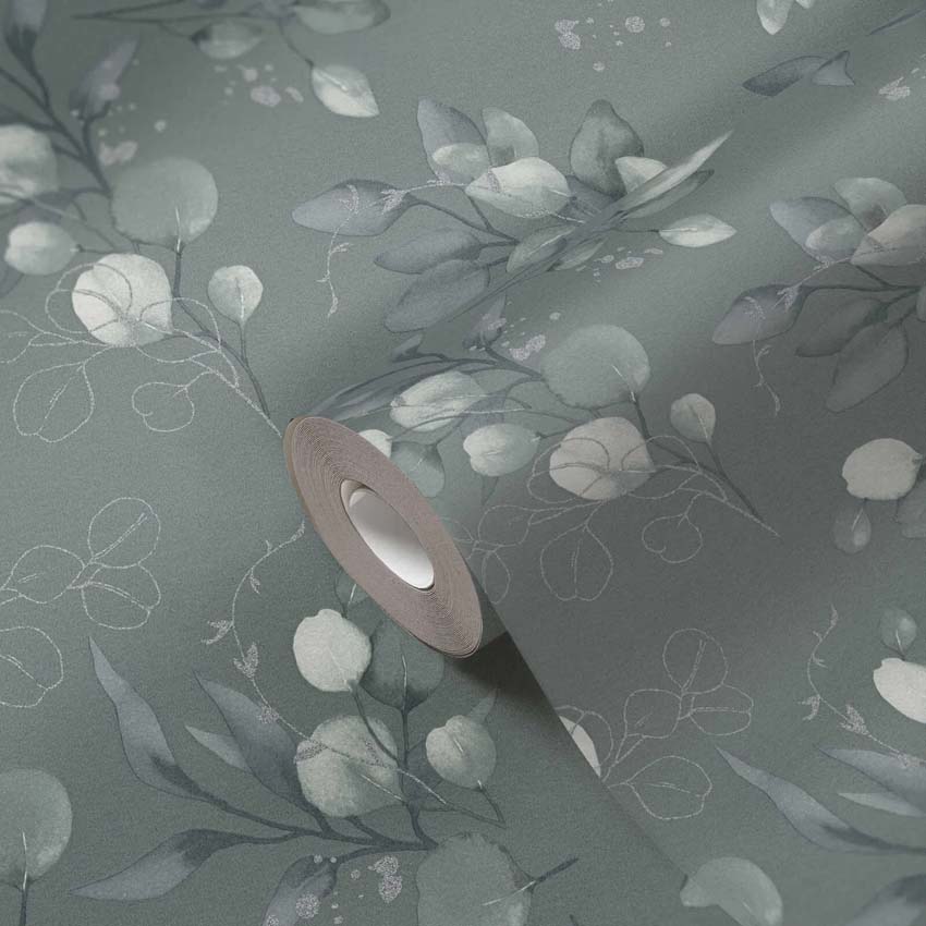 Vinyle sur papier peint intissé eucalyptus vert/argent 0,53x10,05m