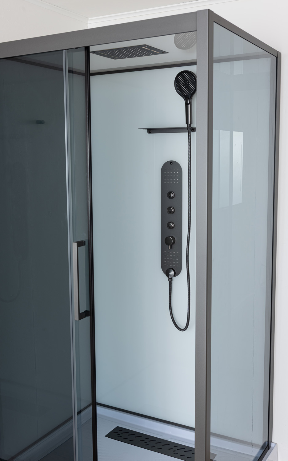 Cabine de douche Amani gauche/droite gunmetal verre gris porte coulissante 90x115x215cm