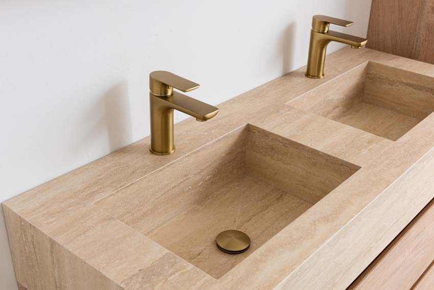 Meuble de salle de bain Tibo chêne avec double lavabo large en travertin 120cm