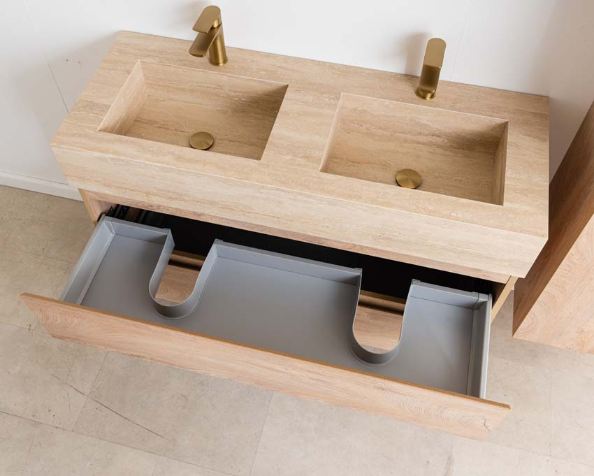 Meuble de salle de bain Tibo chêne avec double lavabo large en travertin 120cm