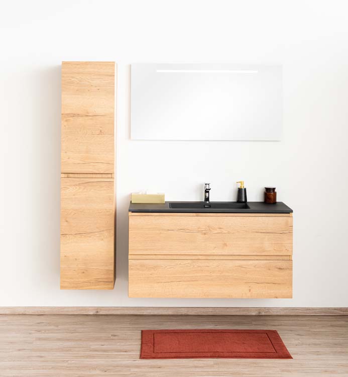 Badkamermeubel Daria eik goudbruin hangend met enkele wastafel mat zwart 120cm