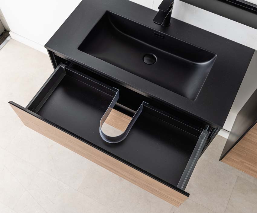 Badkamermeubel Molly houtlook hangend met enkele wastafel mat zwart 90cm Badkamermeubel Molly houtlook hangend met enkele wastafel mat zwart 90cm