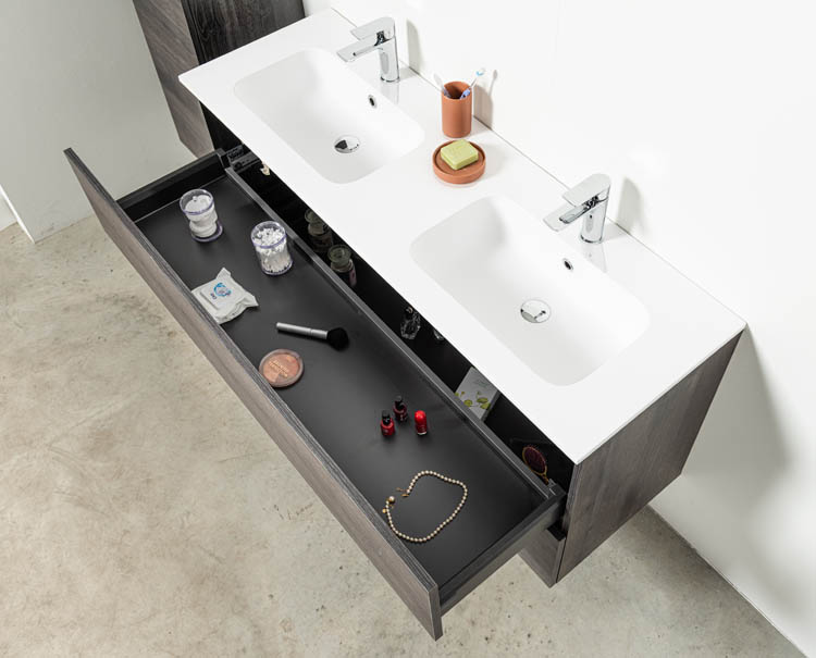 Meuble de salle de bain Dotan chêne foncé 1400 mm 2 lavabo mat