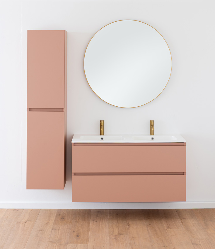Meuble de salle de bains Dotan abricot suspendu avec double lavabo blanc brillant 120cm