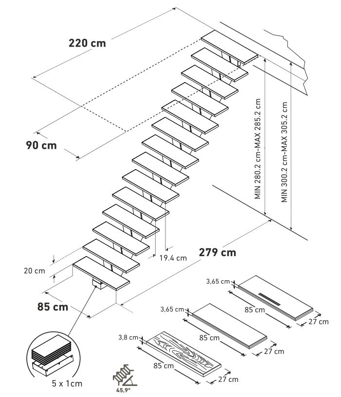 Trap beuk Flieden recht 280,2x85cm