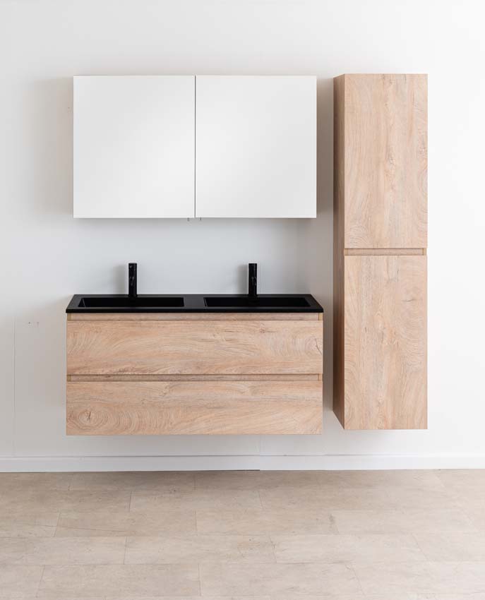 Badkamermeubel Tibo mediterraanse eik met dubbele wastafel mat zwart 120cm