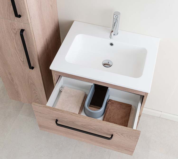 Badkamermeubel Bison eik hangend met enkele wastafel glanzend wit 60cm