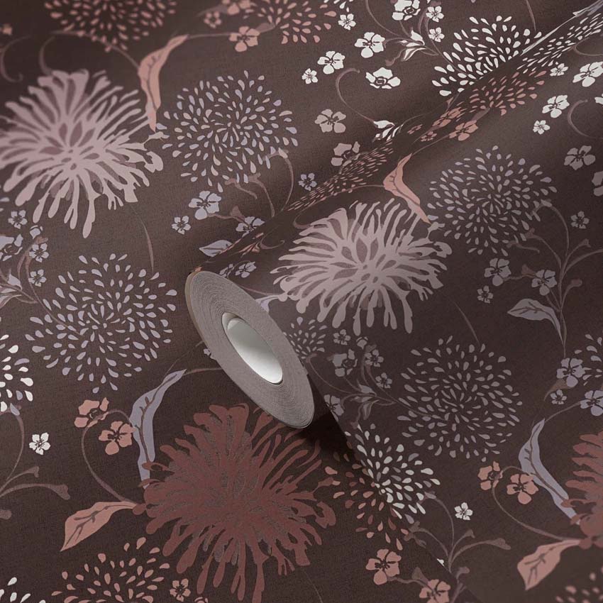 Vinyle sur papier peint intissé bordeaux + fleur rouge/blanc 0,53x10m