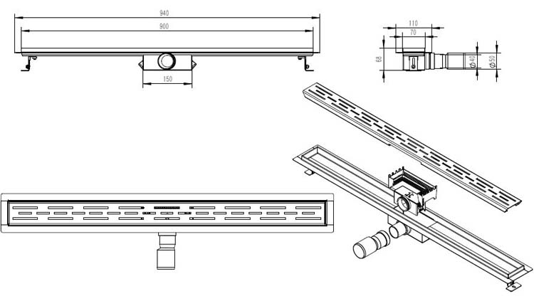 Douchegoot inox gunmetal 90cm