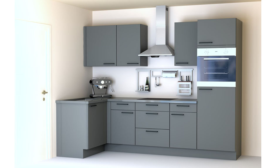 Cuisine d'angle Premium 12B gris foncé 275x130cm - pré-montée - avec appareils - plaque de cuisson vitrocéramique et hotte murale en inox