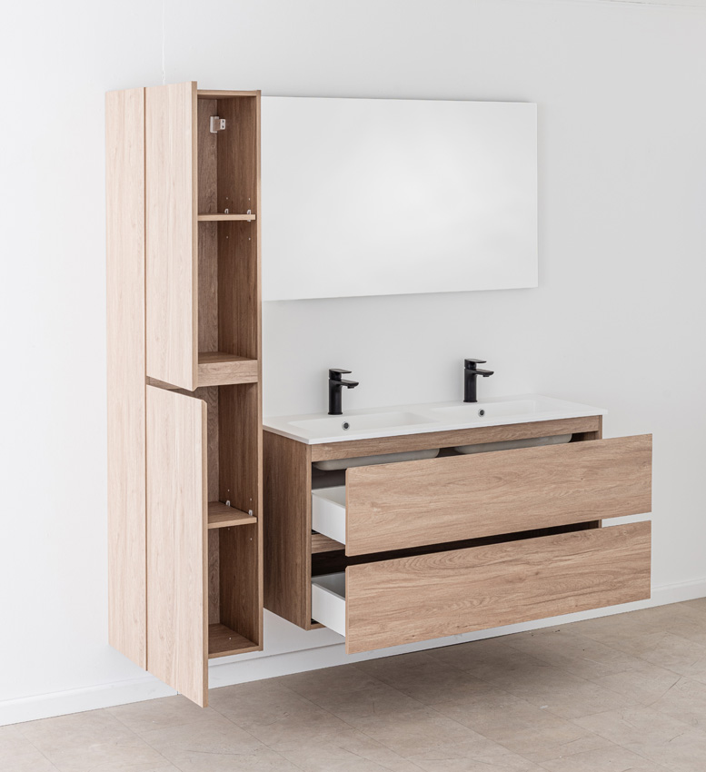 Meuble de salle de bain Bianca aspect chêne suspendu avec double lavabo blanc mat 120,5cm