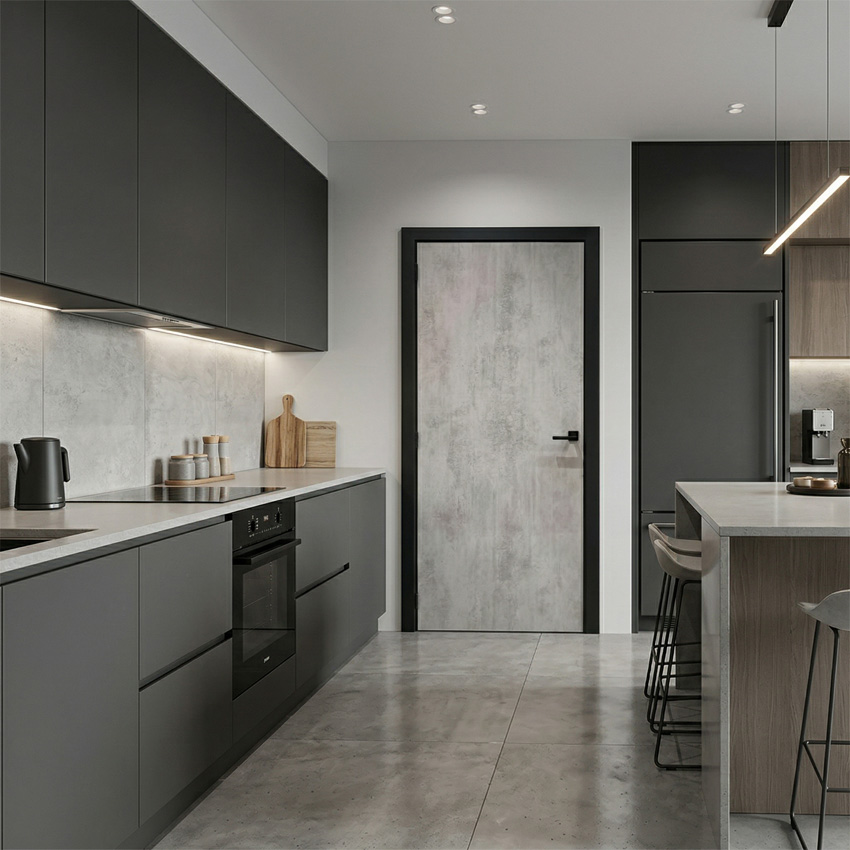 Complete binnendeur Industrial betonlook 201,5x63cm tubespaan omkeerbaar + zwarte deurkast 40cm