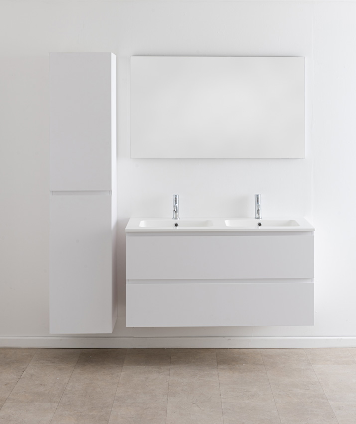 Meuble de salle de bain Bianca blanc mat suspendu avec double lavabo blanc brillant 120,5cm