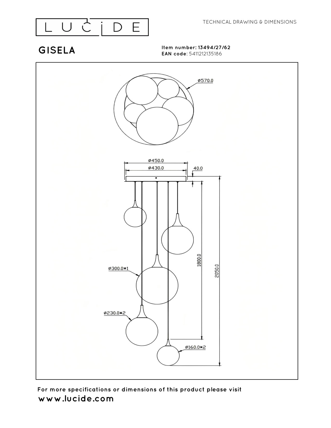 Lucide Premium Gisela - Suspension - Ø57cm - LED Dim. - 2700K - Avec module LED remplaçable - Ambre