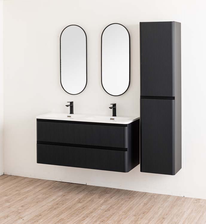 Meuble de salle de bains Julia noir mat suspendu avec lavabo double en marbre minéral blanc brillant 120cm