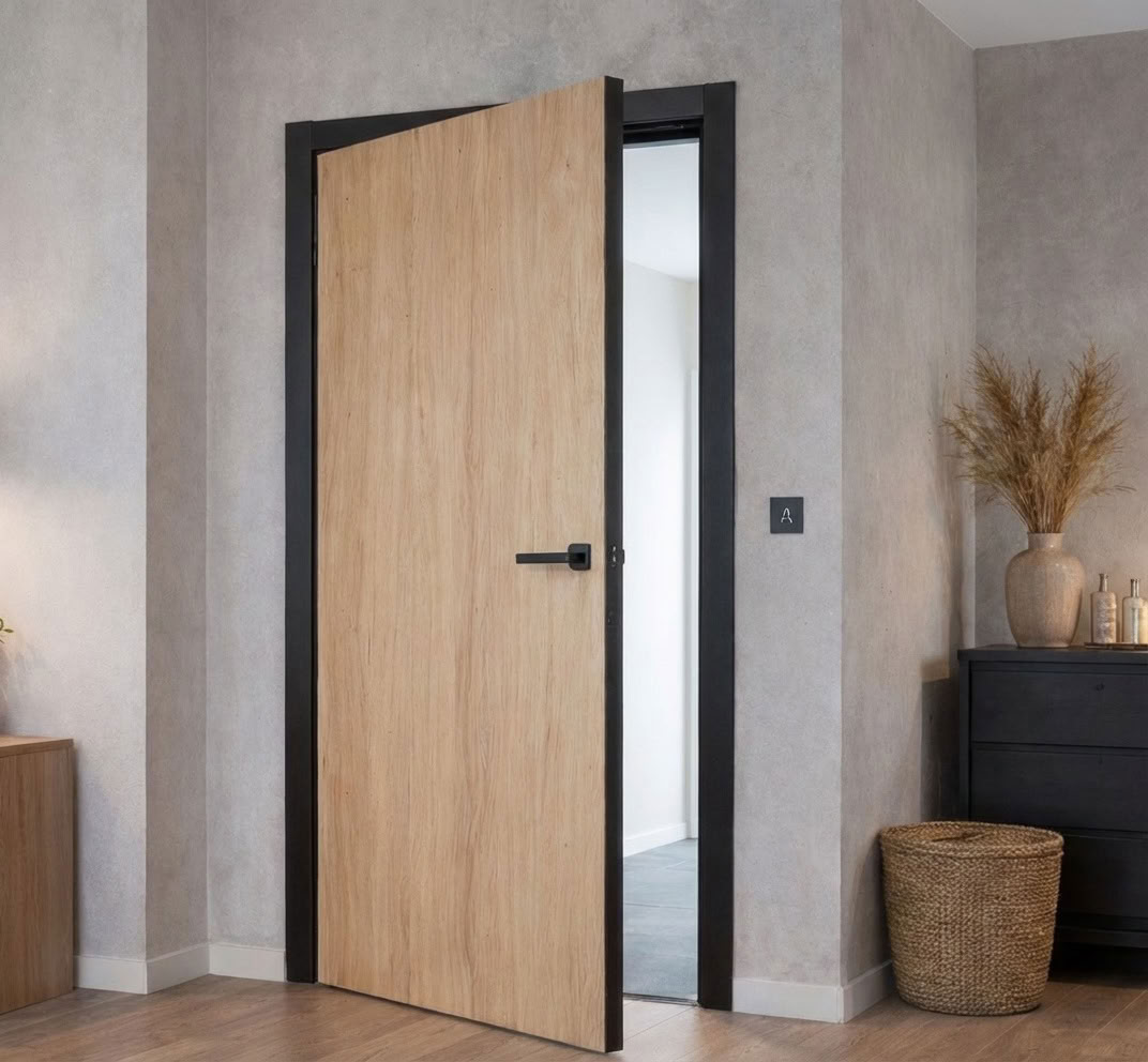 Porte intérieure complète Invisible Flat Borea chêne 201,5x63cm âme tubulaire droite + châssis noir 30cm