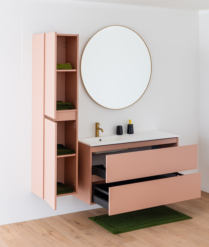 Badkamermeubel Dotan abrikoos hangend met enkele wastafel links mat wit 120cm