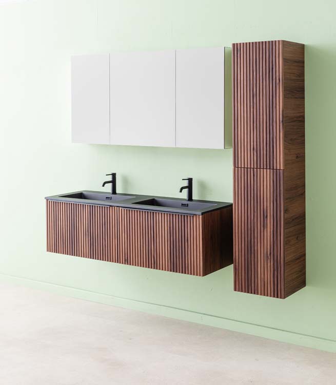 Meuble de salle de bains Soetkin noyer suspendu avec lavabo double noir mat 140cm