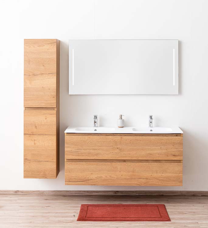 Badkamermeubel Daria eik goudbruin hangend met dubbele wastafel mat wit 140cm