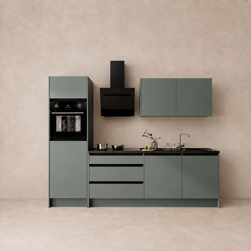 Keuken Berlin groen 273cm - met toestellen - vitrokeramische kookplaat en zwarte wanddampkap