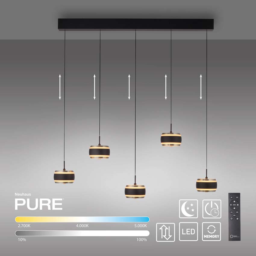 Suspension Easy Lift - Noir - 101cm - Dimmable - 5x8W - 2200-5000K - avec télécommande