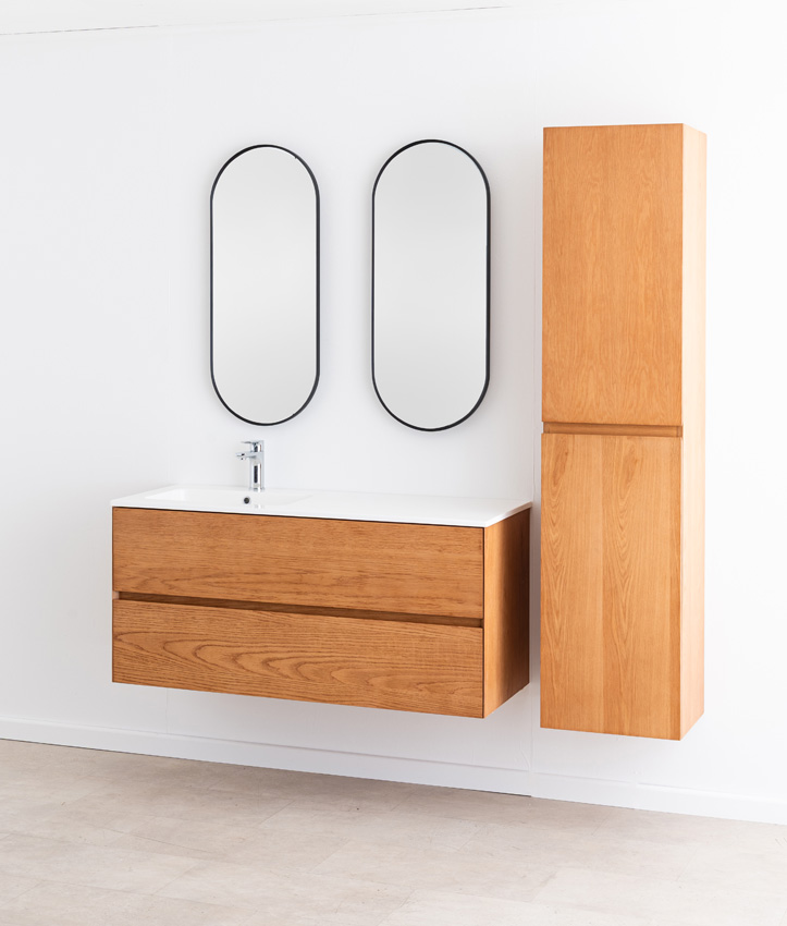 Badkamermeubel Fior eik hangend met enkele wastafel mat wit 120cm