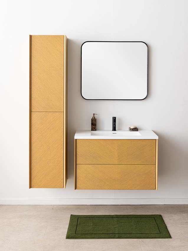 Meuble de salle de bains Waldorf chêne suspendu avec lavabo simple blanc mat 90cm