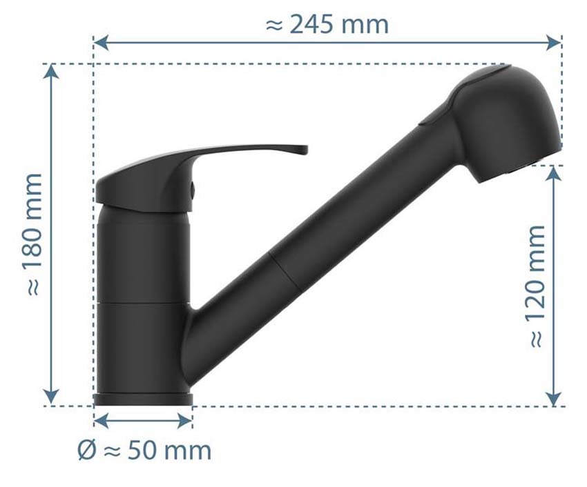 Keukenkraan Diana mat zwart met uittrekbare uitloop