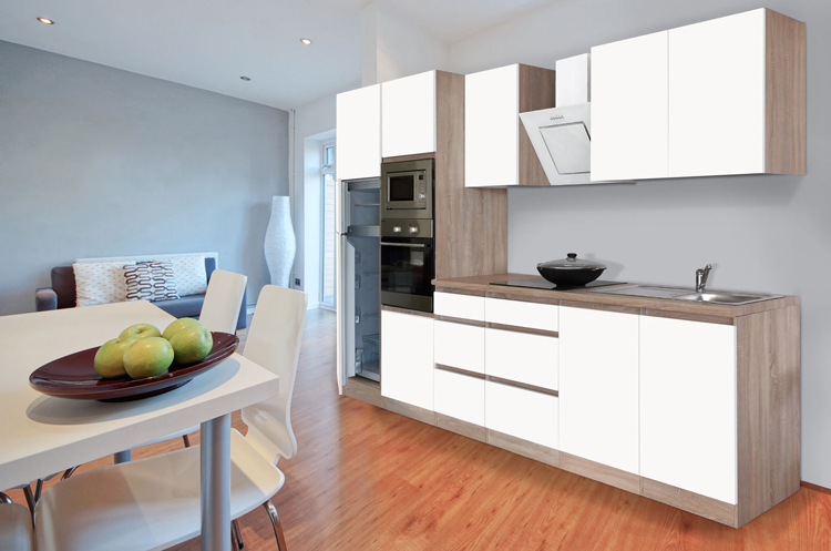 Cuisine blanche/chêne 335 cm - plaque de cuisson vitrocéramique et hotte murale blanche - avec appareils