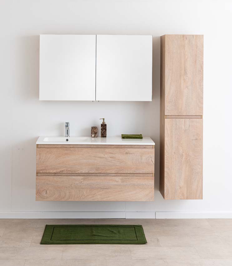 Badkamermeubel Tibo mediterraanse eik met enkele wastafel glanzend wit 120cm