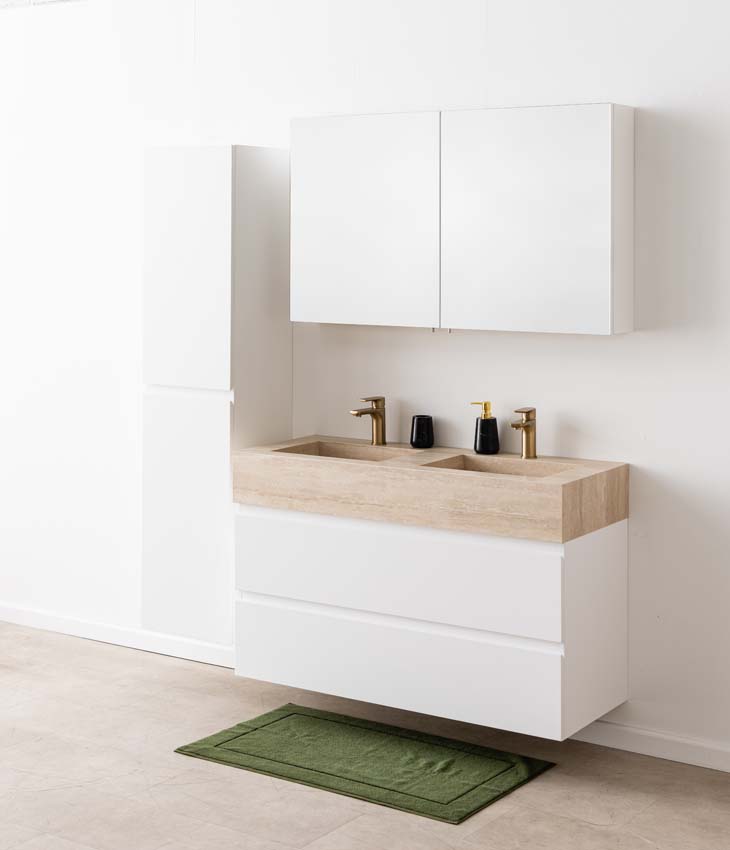 Badkamermeubel Tibo wit met dubbele brede wastafel travertinlook 120cm
