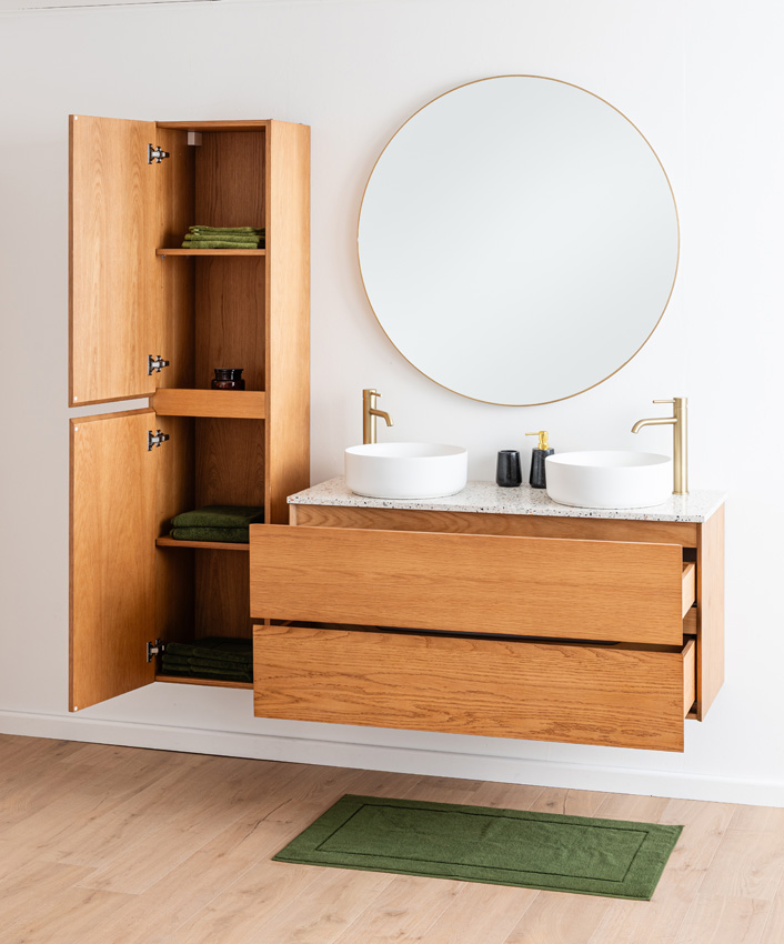 Badkamermeubel Fior eik hangend met dubbel topblad terrazzo 120cm