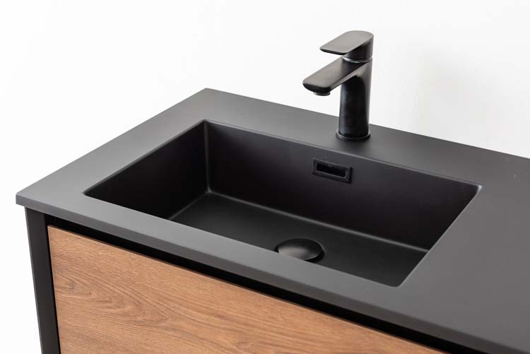 Meuble de salle de bains Justin noyer suspendu avec lavabo double noir mat 120cm