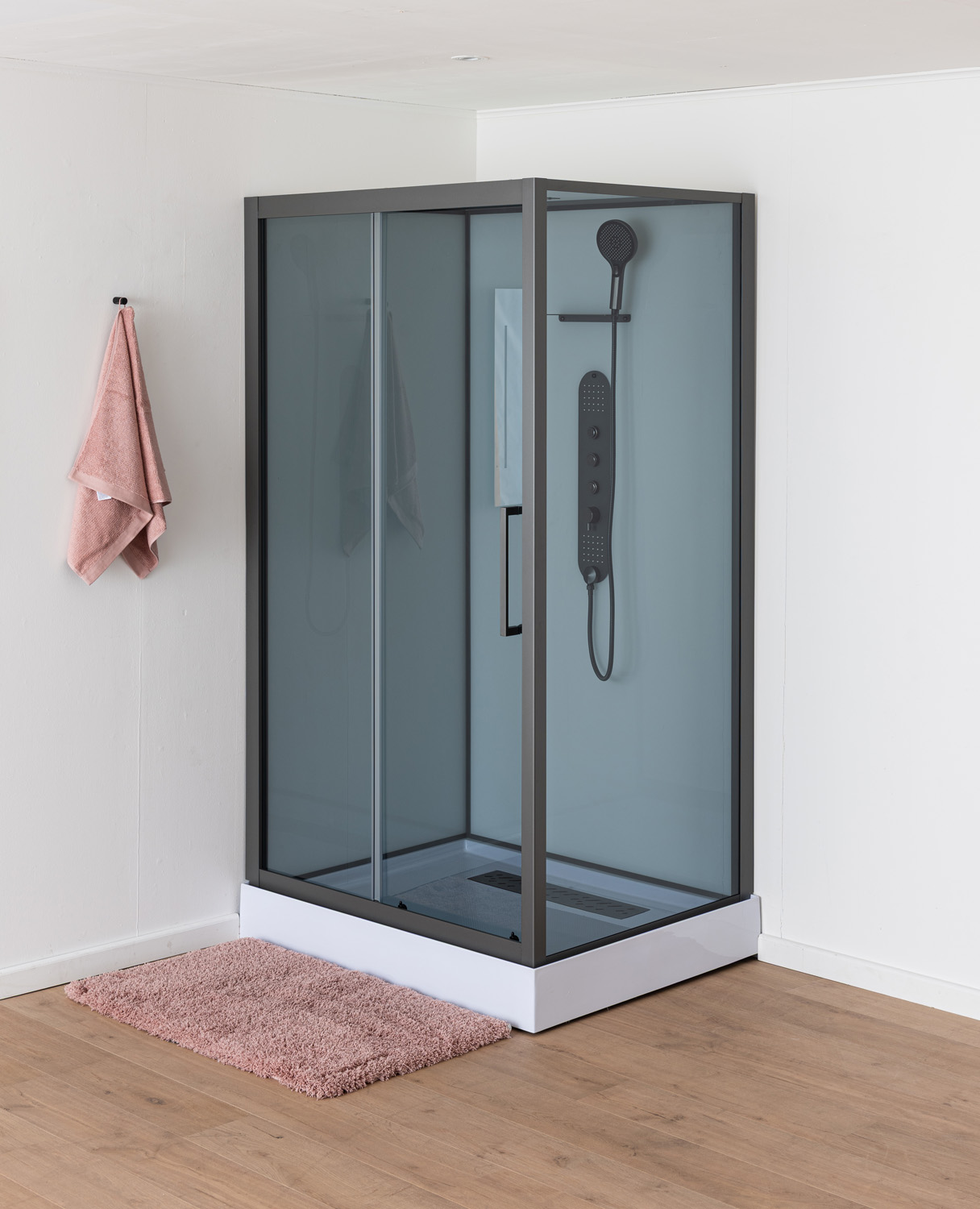 Cabine de douche Amani gauche/droite gunmetal verre gris porte coulissante 90x115x215cm