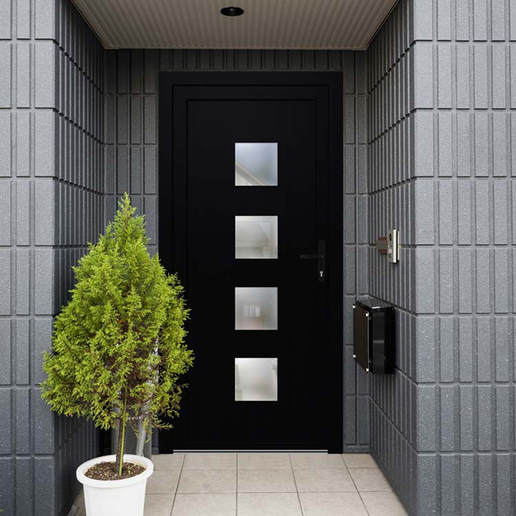Porte extérieure 4 carrés PVC verre mat noir 980x2180mm ouvrant à droite