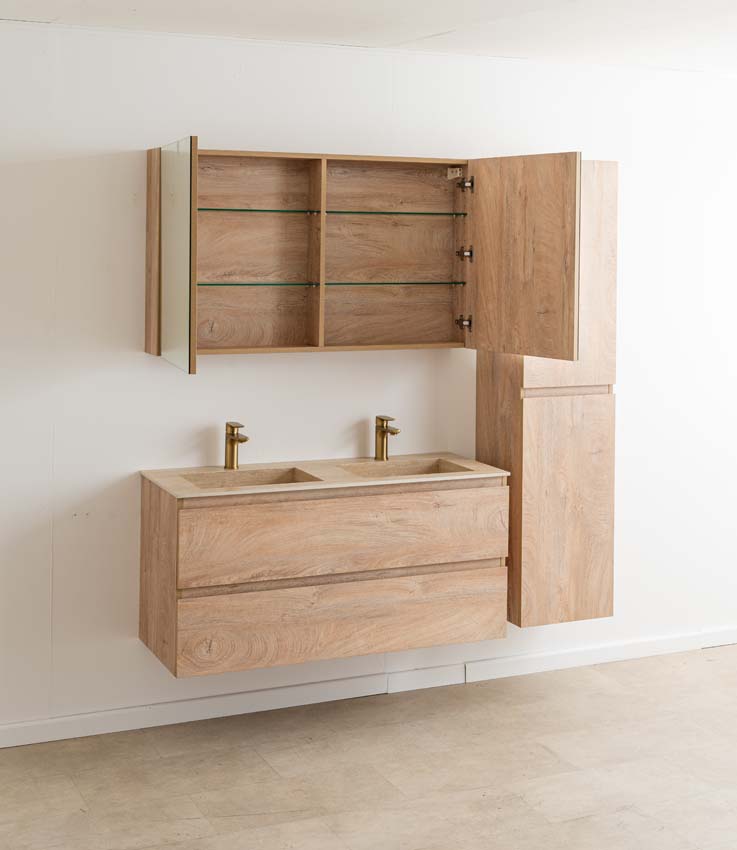 Meuble de salle de bain Tibo en chêne méditerranéen avec double lavabo aspect travertin 120cm