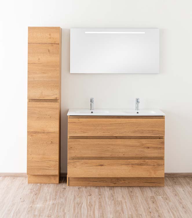 Badkamermeubel Daria eik goudbruin staand met dubbele porseleinen wastafel glanzend wit 120cm