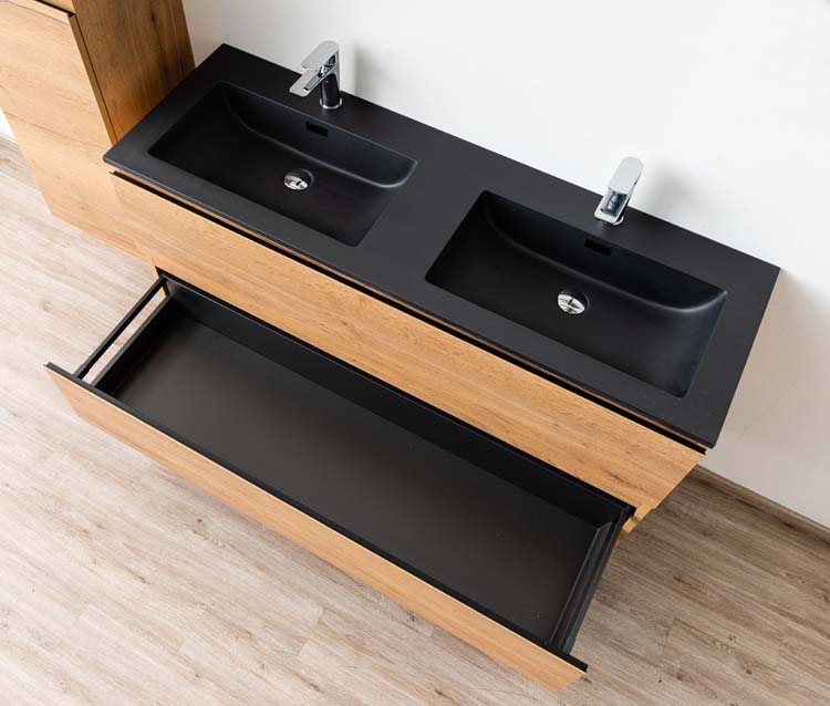 Meuble de salle de bains Daria chêne brun doré suspendu avec lavabo double noir mat 140cm