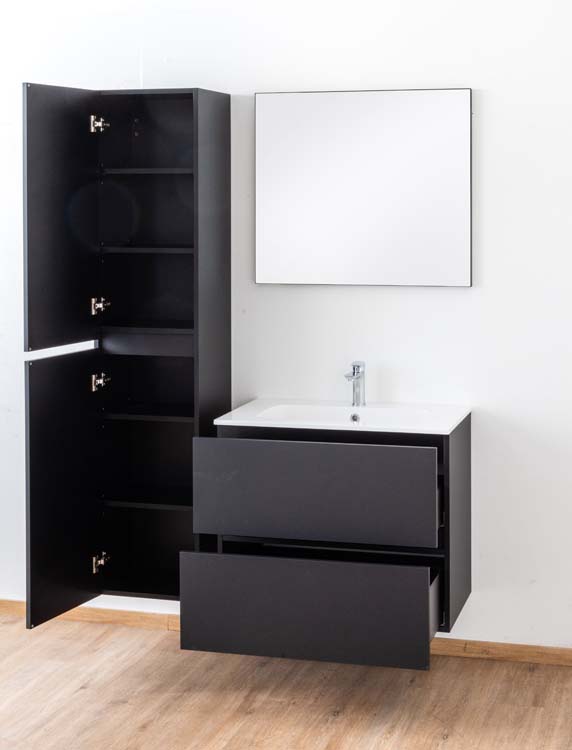 Meuble de salle de bains Puro noir mat suspendu avec lavabo simple blanc brillant 80cm