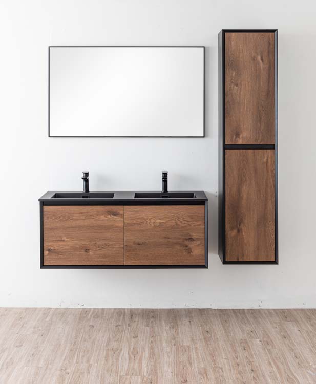Meuble de salle de bains Justin noyer suspendu avec lavabo double noir mat 120cm