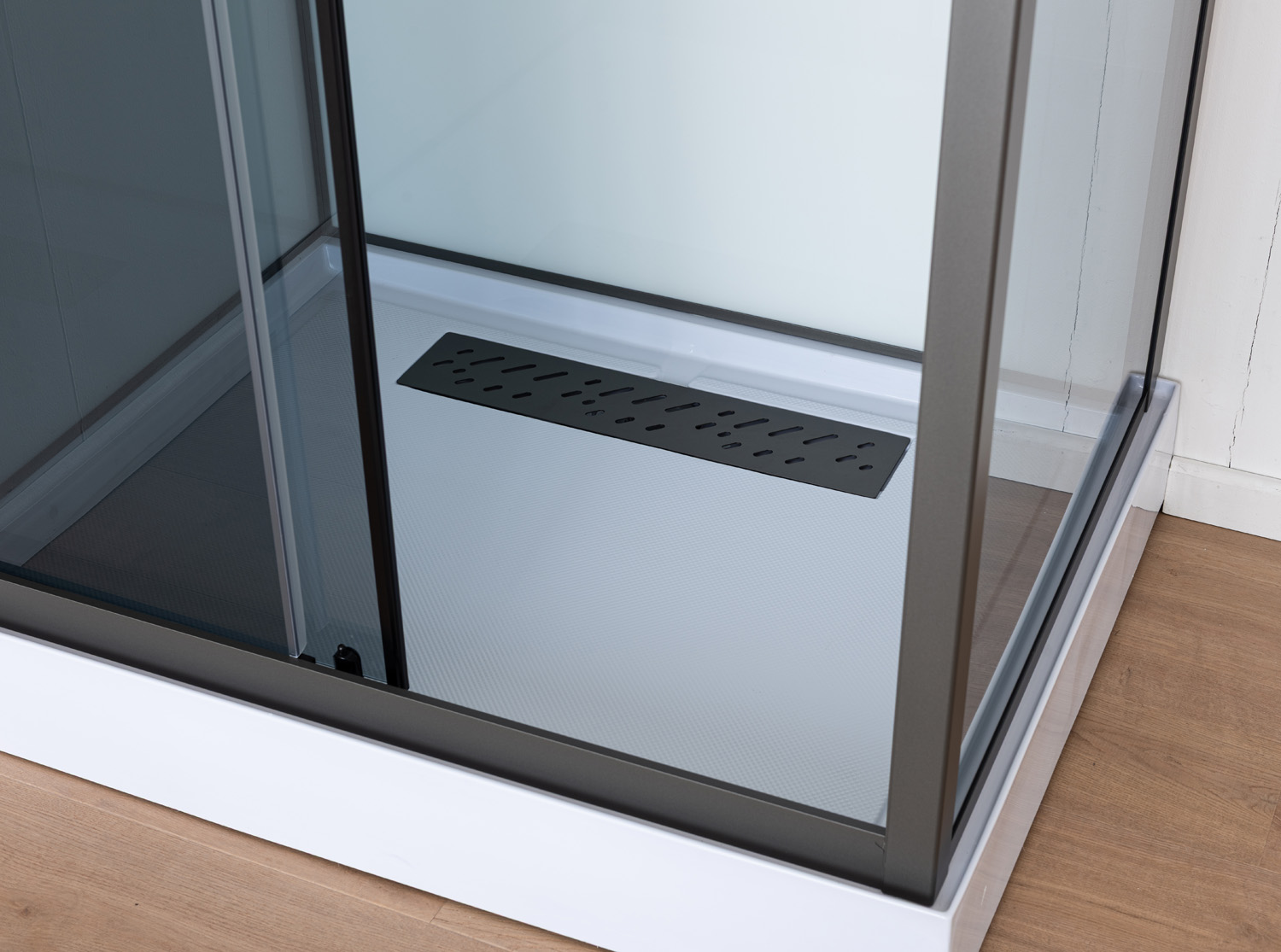 Cabine de douche Amani gauche/droite gunmetal verre gris porte coulissante 90x115x215cm